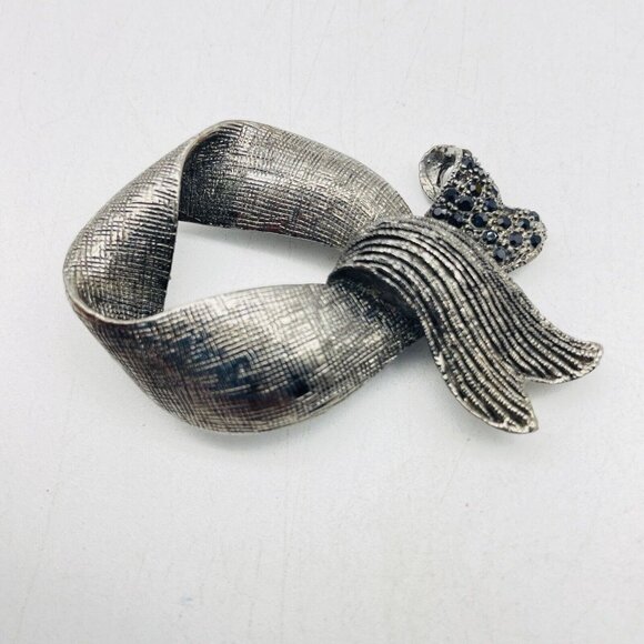 Brushed Ribbon Pin Oxidized Silver Tone Black Rhinestone Accents Awareness Gift - Picture 4 of 6